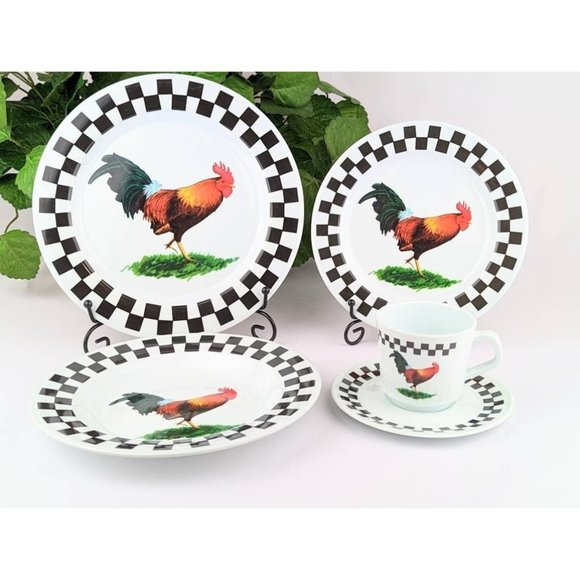 5 PC Melamine Rooster Dinnerware Set Vtg Rooster Chicken Plates Bowl Cup Saucer - Picture 3 of 9